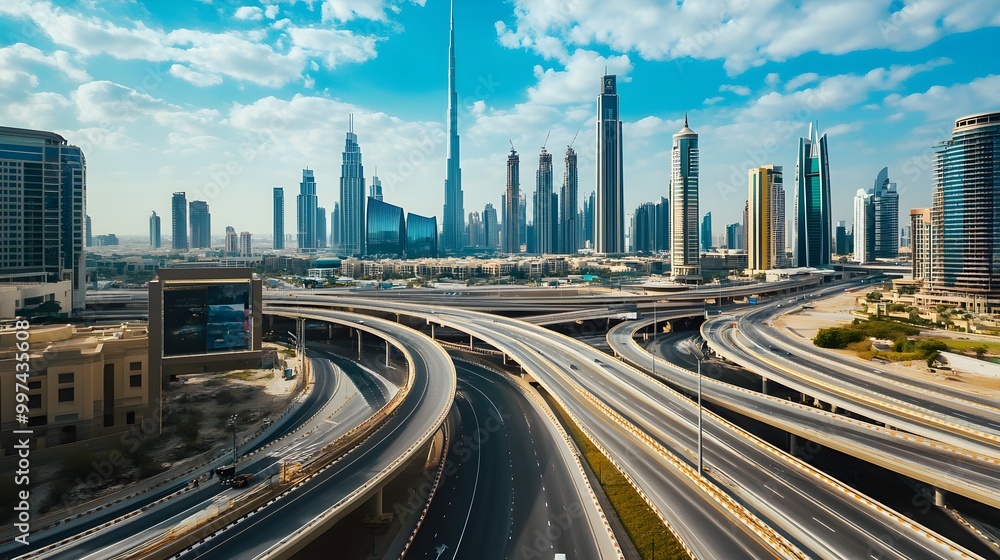 Fototapeta premium Modern Aerial View of Dubai Road and Skyline