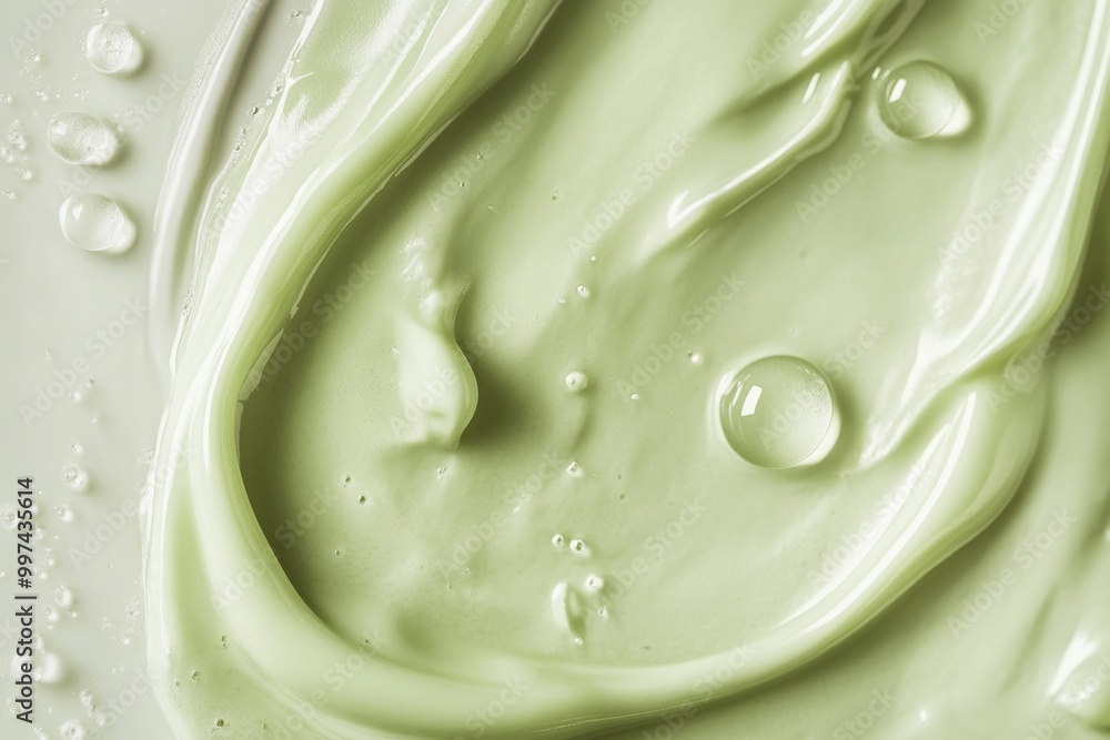 Close-up of glossy light green cream with droplets showcasing a luxurious cosmetic texture on a smooth surface Close-up of glossy light green cream with droplets showcasing a luxurious cosmetic texture on a smooth surface