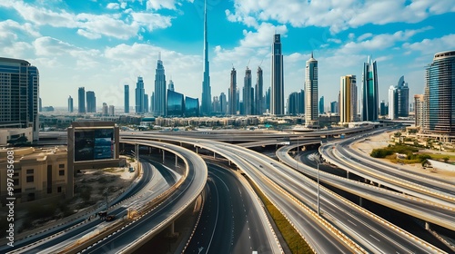 Modern Aerial View of Dubai Road and Skyline photo