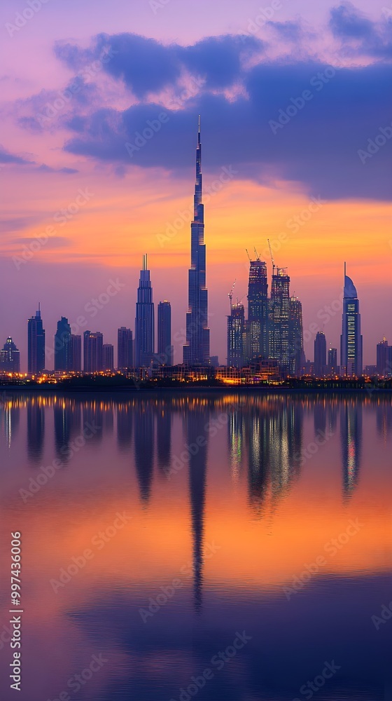 Obraz premium Twilight Scene of Dubai's Iconic Skyline Reflection