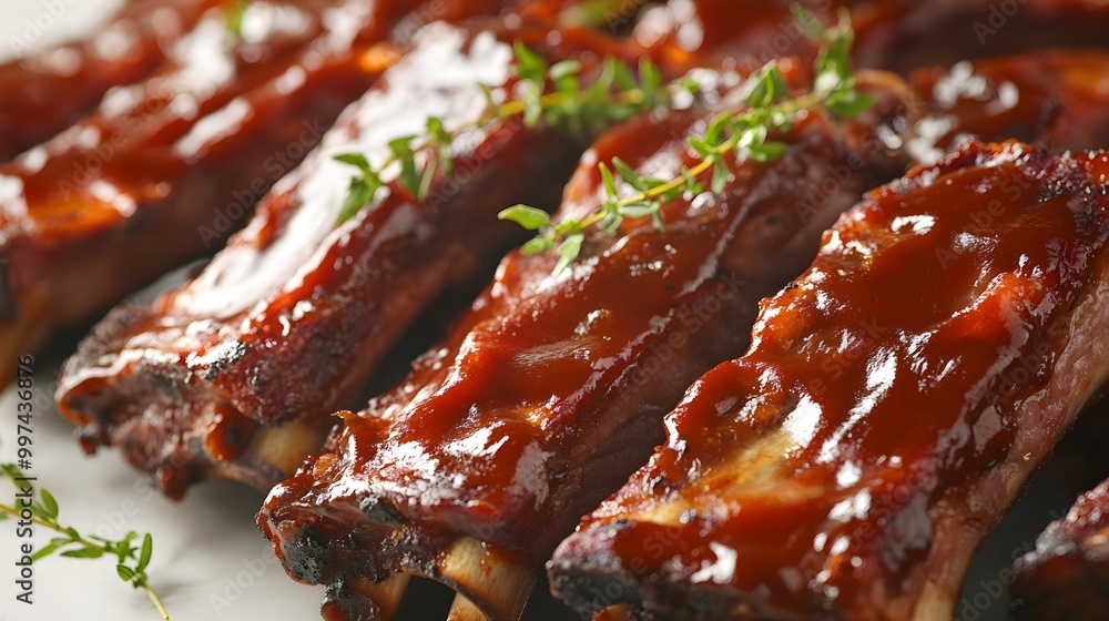 Juicy BBQ Ribs Glazed with Sauce in Close-Up Shot Juicy BBQ Ribs Glazed with Sauce in Close-Up Shot
