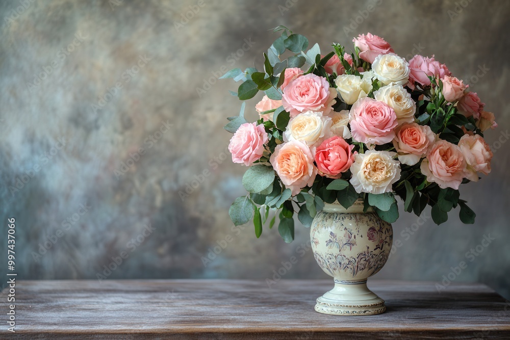 A classic bouquet features soft roses and carnations, elegantly displayed in a vintage ceramic vase on a rustic wooden table. Generative AI A classic bouquet features soft roses and carnations, elegantly displayed in a vintage ceramic vase on a rustic wooden table. Generative AI