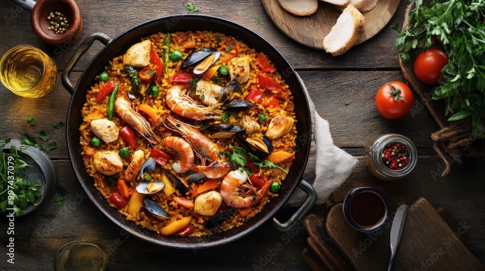 A vibrant paella packed with seafood, chicken, and colorful vegetables, served in a traditional pan on a rustic table. A vibrant paella packed with seafood, chicken, and colorful vegetables, served in a traditional pan on a rustic table.