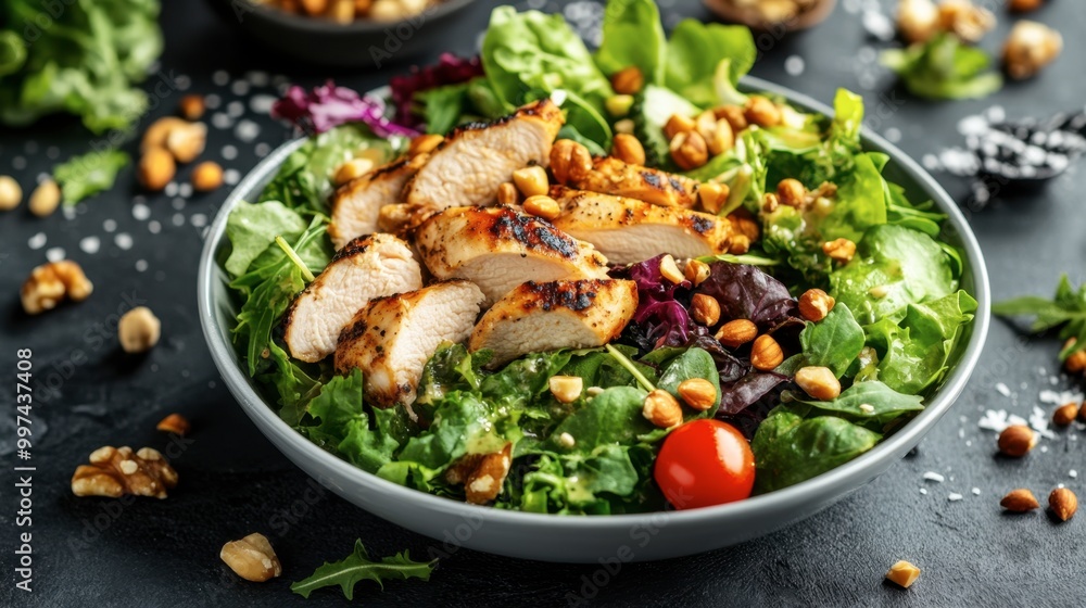 A vibrant salad bowl featuring mixed greens, grilled chicken, nuts, and a tangy vinaigrette dressing. A vibrant salad bowl featuring mixed greens, grilled chicken, nuts, and a tangy vinaigrette dressing.