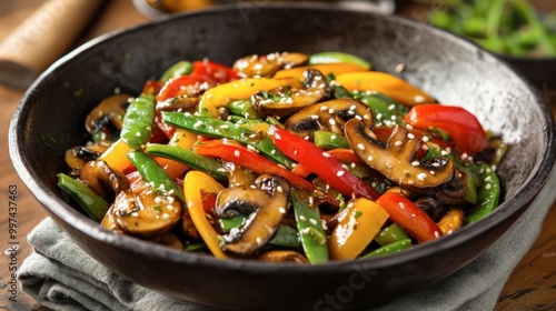 A vibrant stir-fry with sweet honey mushrooms, colorful bell peppers, and snap peas, served in a traditional wok.