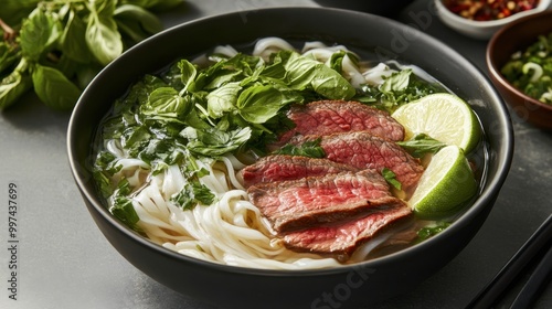 A warm bowl of pho, showcasing rice noodles, herbs, and tender beef, presented with lime wedges and fresh basil.