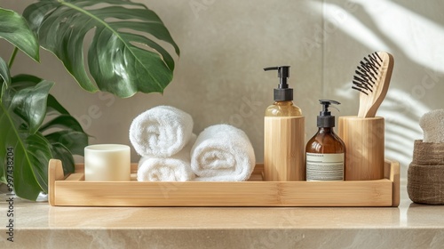 A wooden bathroom organizer holding sustainable bathroom supplies like refillable soap bottles, a bamboo hairbrush, and cotton towels.