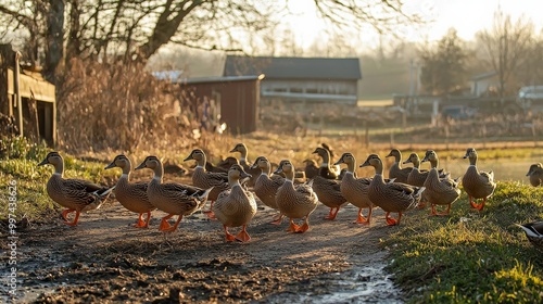 A flock of ducks waddling across a barnyard, heading towards a pond photo