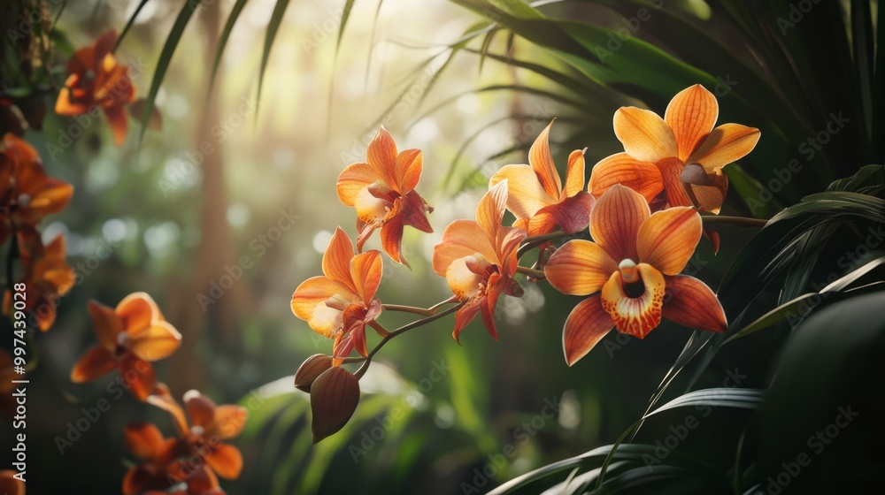 An orchid plant with trailing vines, showcasing its growth and vibrant blooms in a tropical setting. An orchid plant with trailing vines, showcasing its growth and vibrant blooms in a tropical setting.