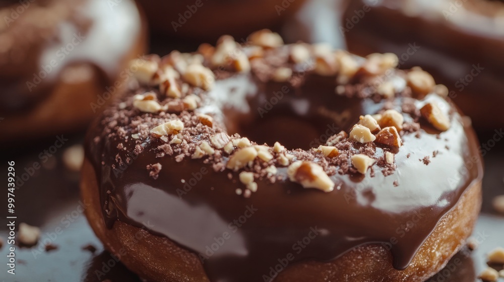 Close-up of a chocolate donut with a rich glaze, topped with crushed nuts and sprinkles. Close-up of a chocolate donut with a rich glaze, topped with crushed nuts and sprinkles.
