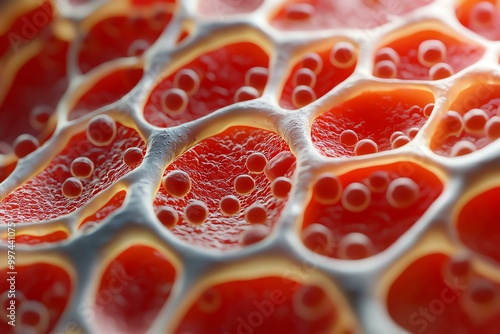 Close-up of vibrant red cellular structure showcasing intricate details and textures, perfect for scientific and biological themes. photo