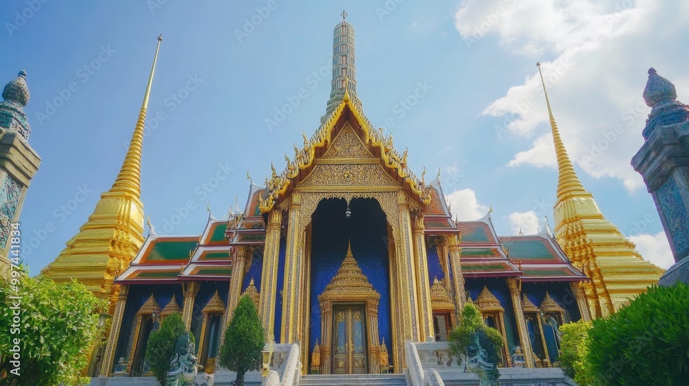 Fototapeta premium The majestic Grand Palace in Bangkok with its golden spires gleaming in the sunlight, surrounded by lush greenery.