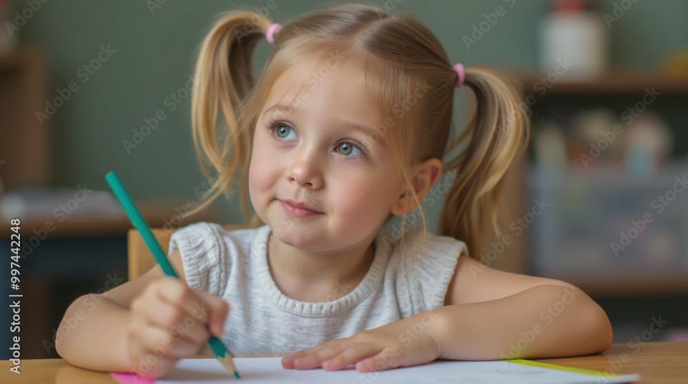 A young girl in kindergarten or pre-school looking thoughtful while drawing on a piece of paper. She has pigtails and has a slight smile on her face. School setting. A young girl in kindergarten or pre-school looking thoughtful while drawing on a piece of paper. She has pigtails and has a slight smile on her face. School setting.