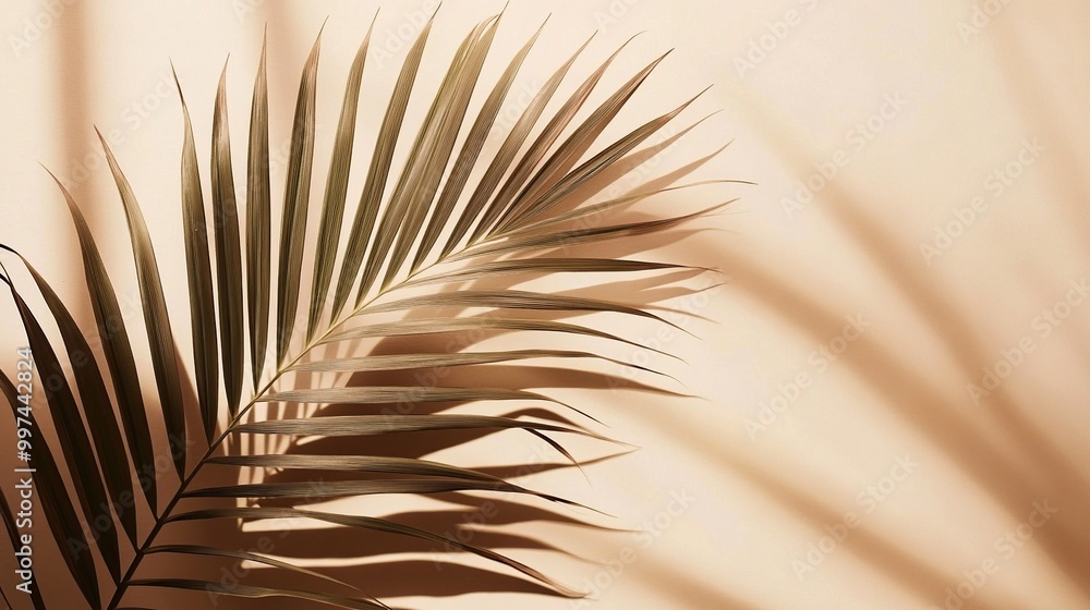 Obraz premium Elegant palm leaf casting shadows on a wall.