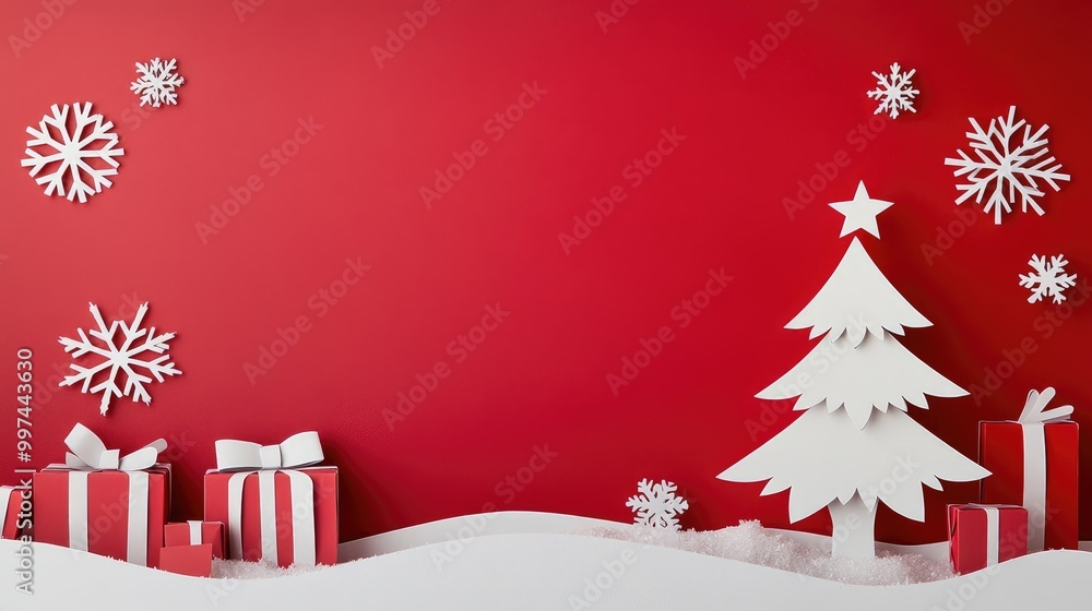 A festive paper cutout Christmas tree and presents on the left, with snowflakes and wide-open copy space on the right for text or holiday designs. A festive paper cutout Christmas tree and presents on the left, with snowflakes and wide-open copy space on the right for text or holiday designs.