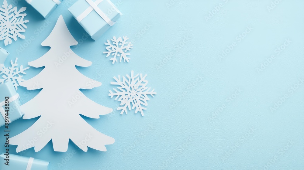 A pastel-toned paper cutout Christmas tree and gifts on the left, with soft snowflakes and copy space on the right against a light blue background. A pastel-toned paper cutout Christmas tree and gifts on the left, with soft snowflakes and copy space on the right against a light blue background.