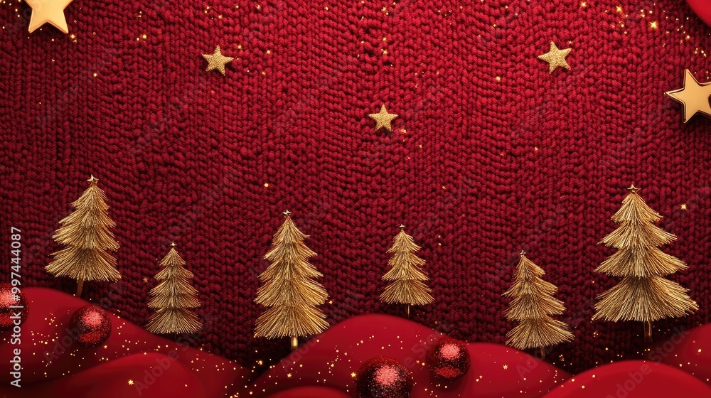 A woven fabric background featuring subtle Christmas trees and stars in gold thread, giving the scene a luxurious, festive touch. A woven fabric background featuring subtle Christmas trees and stars in gold thread, giving the scene a luxurious, festive touch.