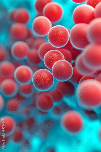 Colorful depiction of microscopic cells, showcasing vibrant red spheres against a blue background, highlighting cellular beauty. photo