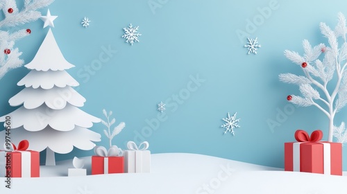 Paper cutout Christmas tree and gifts on the left side of the frame, with snowy white space on the right, ready for holiday text or design.