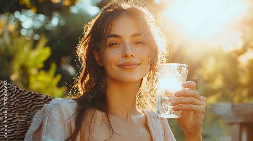 Woman with long brown hair enjoying a drink in the sunlight Woman with long brown hair enjoying a drink in the sunlight