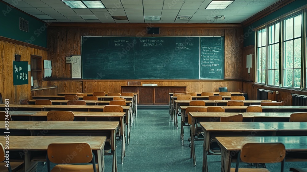 Empty Classroom with Desks and a Chalkboard Empty Classroom with Desks and a Chalkboard