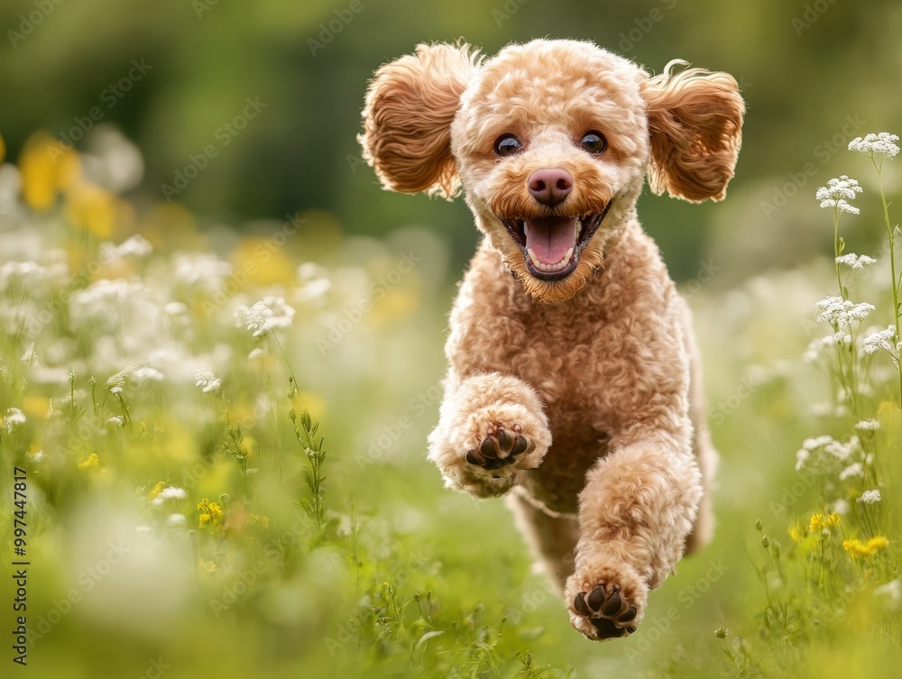 Curly Haired Dog Running Joyfully Through a Vibrant Wildflower Meadow Curly Haired Dog Running Joyfully Through a Vibrant Wildflower Meadow