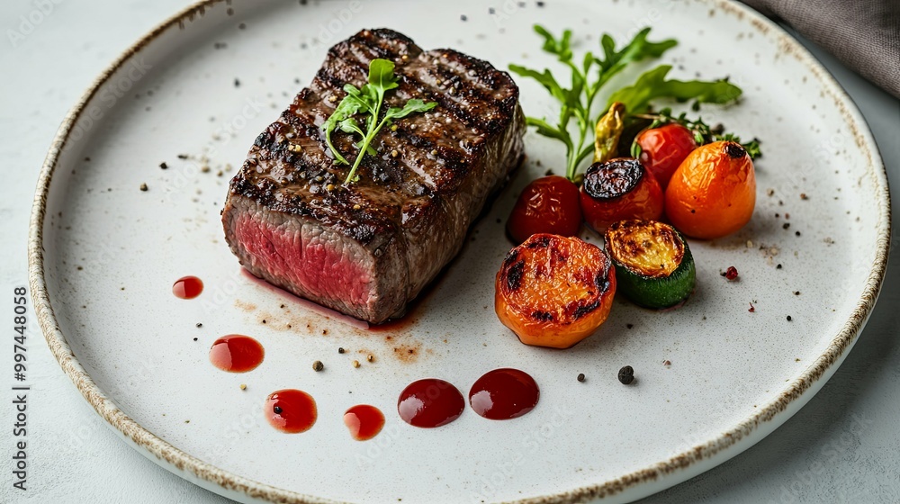 Grilled Steak with Roasted Vegetables and Red Wine Sauce on a White Plate Grilled Steak with Roasted Vegetables and Red Wine Sauce on a White Plate
