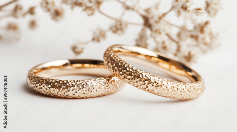 A pair of gold textured rings on a light background, adorned with dried flowers in the background A pair of gold textured rings on a light background, adorned with dried flowers in the background