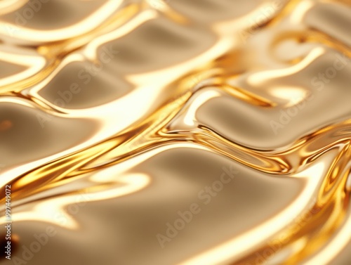 Abstract background with smooth flowing golden liquid waves with a reflective texture