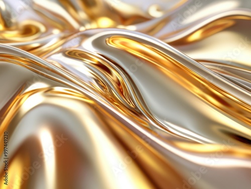 Abstract background with smooth flowing golden liquid waves with a reflective texture