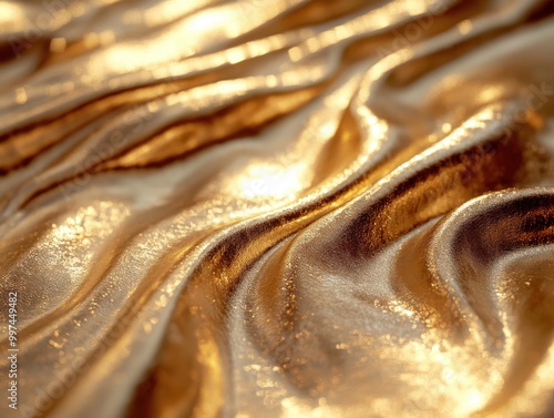 Abstract background with smooth flowing golden liquid waves with a reflective texture