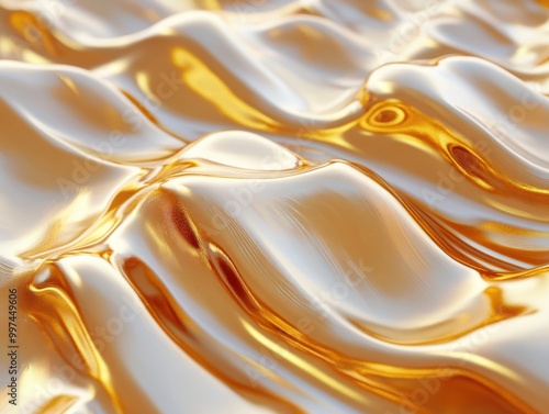 Abstract background with smooth flowing golden liquid waves with a reflective texture