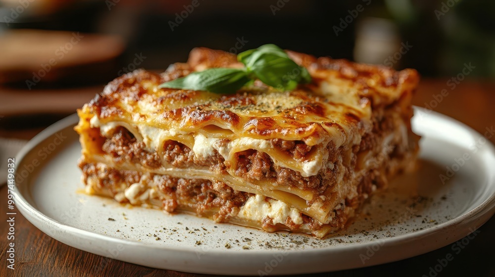 delicious hot lasagna presented on a white plate with a fresh basil leaf highlighting culinary art and inviting viewers to savor the dish delicious hot lasagna presented on a white plate with a fresh basil leaf highlighting culinary art and inviting viewers to savor the dish