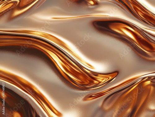 Abstract background with smooth flowing golden liquid waves with a reflective texture