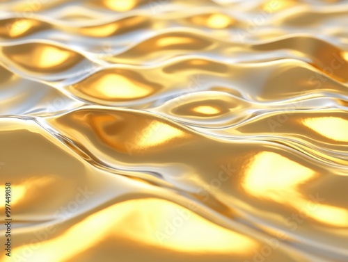 Abstract background with smooth flowing golden liquid waves with a reflective texture