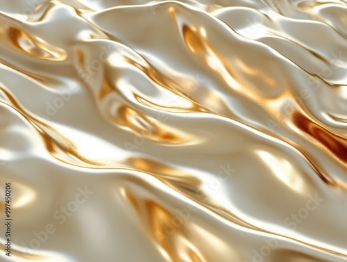 Abstract background with smooth flowing golden liquid waves with a reflective texture