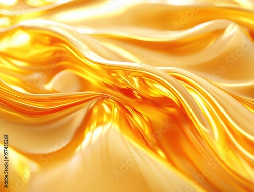 Abstract background with smooth flowing golden liquid waves with a reflective texture