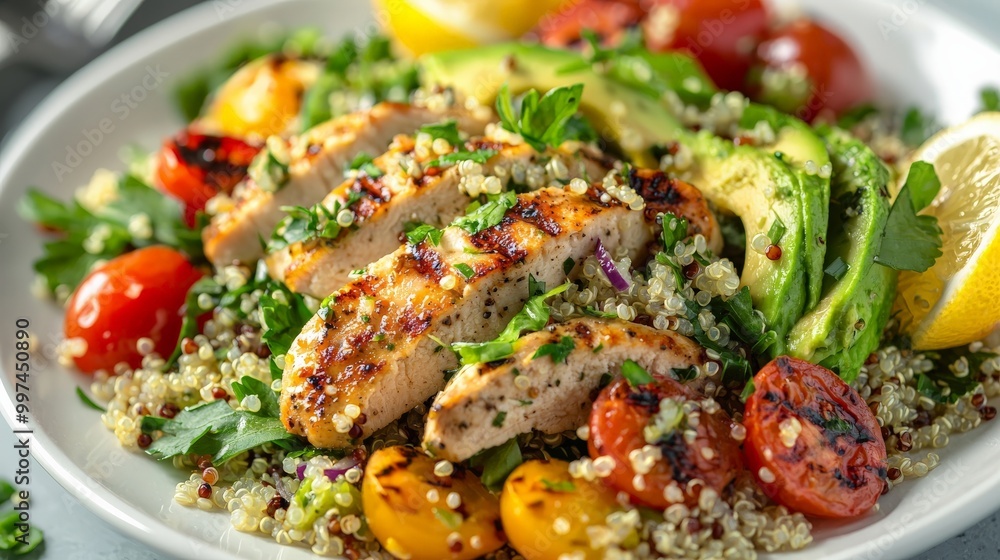 A healthy and colorful quinoa salad with grilled chicken, avocado, cherry tomatoes, and a light lemon dressing, served on a white plate A healthy and colorful quinoa salad with grilled chicken, avocado, cherry tomatoes, and a light lemon dressing, served on a white plate