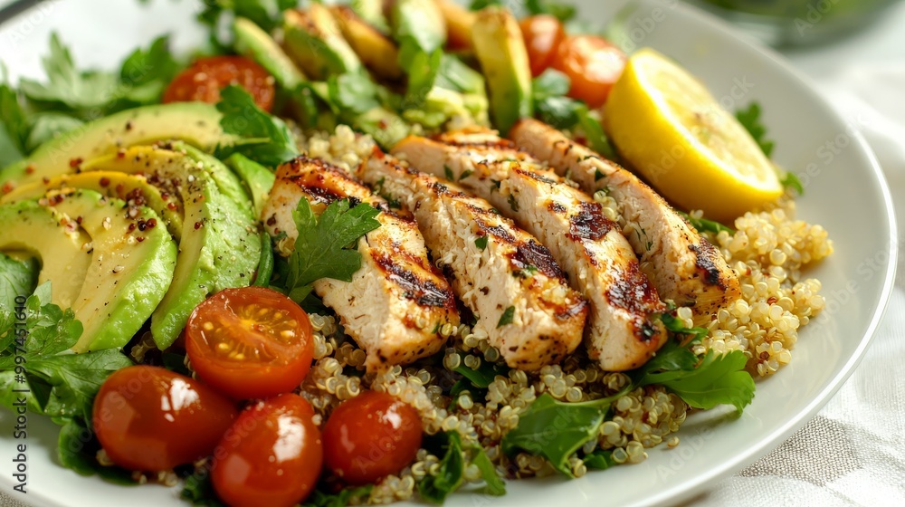 A healthy and colorful quinoa salad with grilled chicken, avocado, cherry tomatoes, and a light lemon dressing, served on a white plate A healthy and colorful quinoa salad with grilled chicken, avocado, cherry tomatoes, and a light lemon dressing, served on a white plate