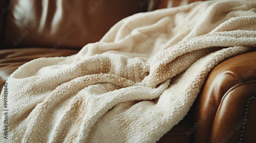 Soft blanket draped over a leather couch. Soft blanket draped over a leather couch.