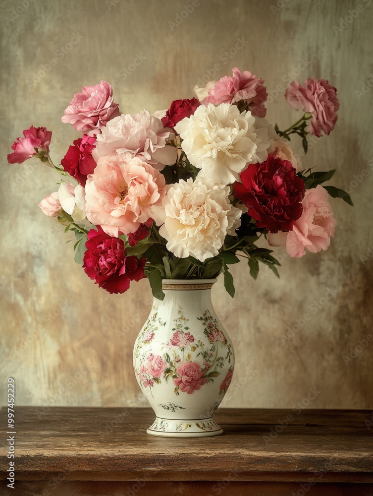 A beautiful bouquet of roses and carnations is gracefully arranged in a vintage vase atop an antique wooden table, showcasing elegance. Generative AI A beautiful bouquet of roses and carnations is gracefully arranged in a vintage vase atop an antique wooden table, showcasing elegance. Generative AI