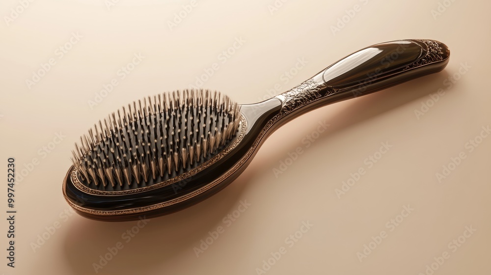 A beautiful three-dimensional rendering of a luxurious hairbrush, showcasing its elegant design and high-quality materials. The brush is isolated on a soft background to highlight its features A beautiful three-dimensional rendering of a luxurious hairbrush, showcasing its elegant design and high-quality materials. The brush is isolated on a soft background to highlight its features