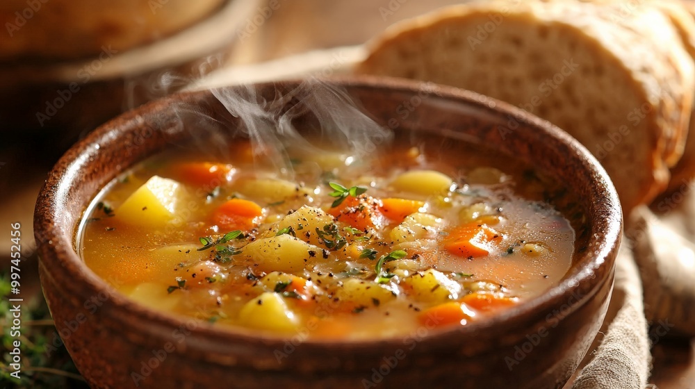 A hearty bowl of homemade soup, steaming with fresh ingredients like carrots, potatoes, and herbs, accompanied by crusty bread A hearty bowl of homemade soup, steaming with fresh ingredients like carrots, potatoes, and herbs, accompanied by crusty bread