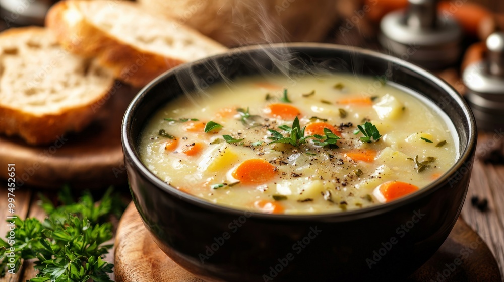 A hearty bowl of homemade soup, steaming with fresh ingredients like carrots, potatoes, and herbs, accompanied by crusty bread A hearty bowl of homemade soup, steaming with fresh ingredients like carrots, potatoes, and herbs, accompanied by crusty bread