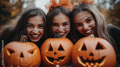 Halloween Celebrations with Witches and Pumpkins in an Autumn Forest Setting