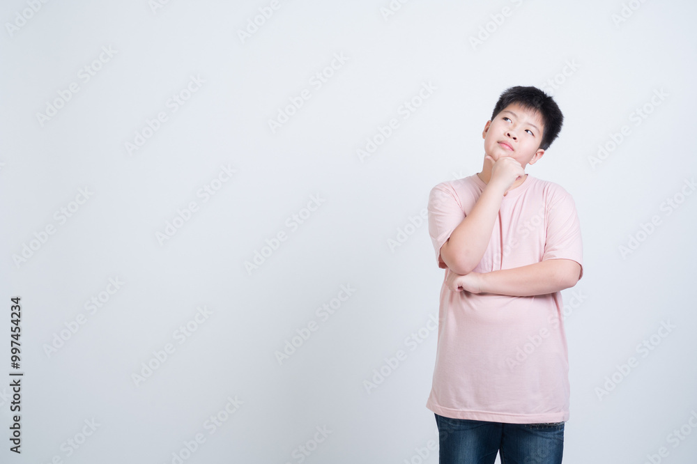 boy thinking on white background, stressed child boy thinking on white background, stressed child