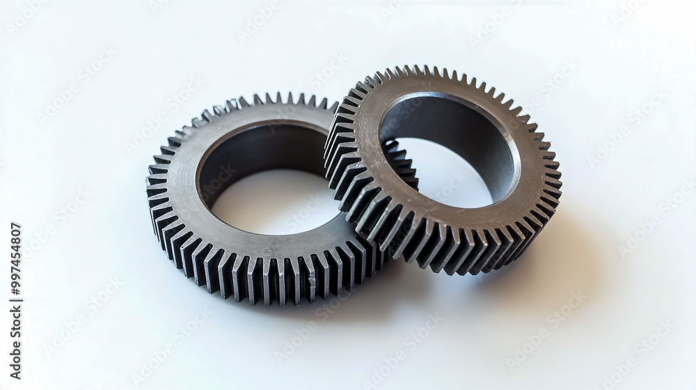 Two gears on white background, one small and the other large with an aperture in between them. Two gears on white background, one small and the other large with an aperture in between them.
