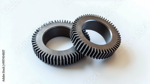 Two gears on white background, one small and the other large with an aperture in between them. photo