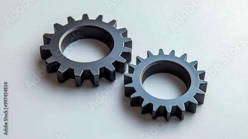 Two gears on white background, one small and the other large with an aperture in between them. photo