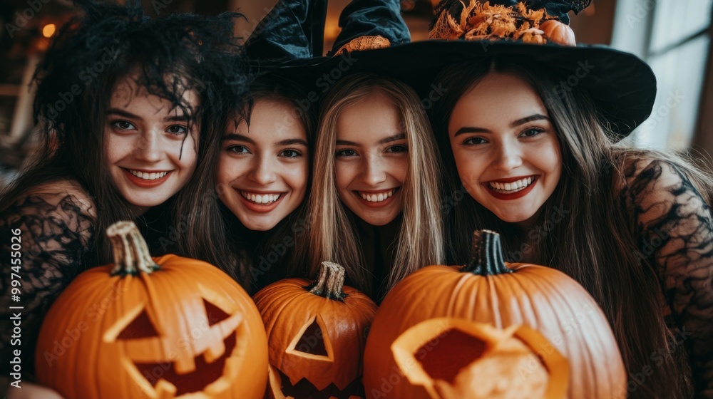 Halloween Celebrations with Witches and Pumpkins in an Autumn Forest Setting Halloween Celebrations with Witches and Pumpkins in an Autumn Forest Setting
